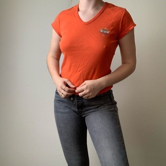 Harley Davidson Women’s Orange Graphic Cotton V Neck Short Sleeve Tee Sz M - Picture 1 of 5